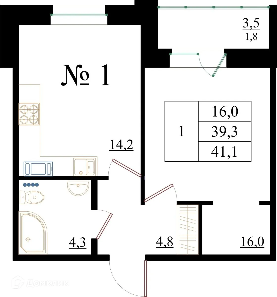 Планировка 1-комнатной квартиры 41.1 м² в ЖК Орловский бульвар, г. Гатчина — фото 1