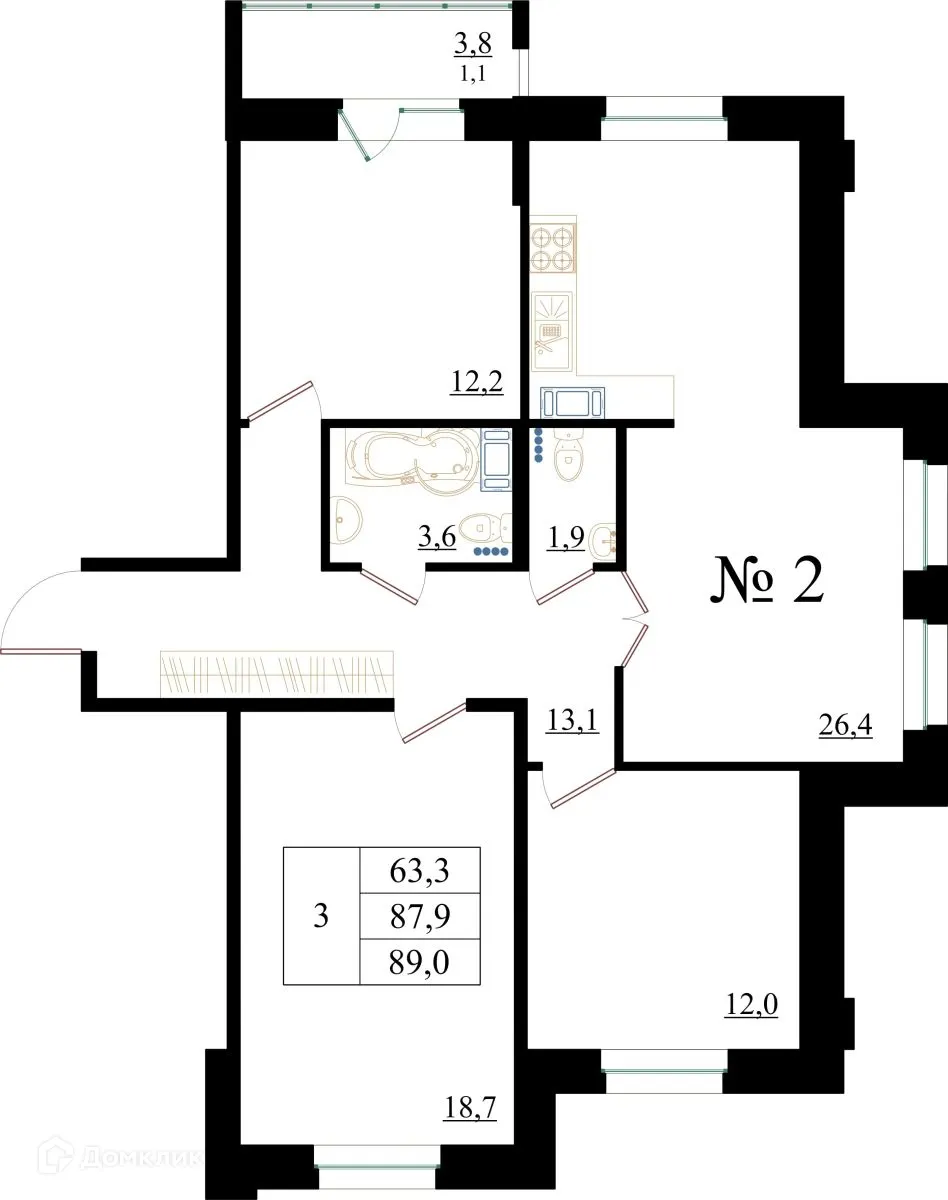 Планировка 3-комнатной квартиры 89 м² в ЖК Орловский бульвар, г. Гатчина — фото 1