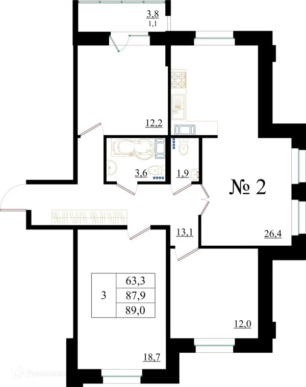 Планировка 3 комн. в ЖК Орловский бульвар
