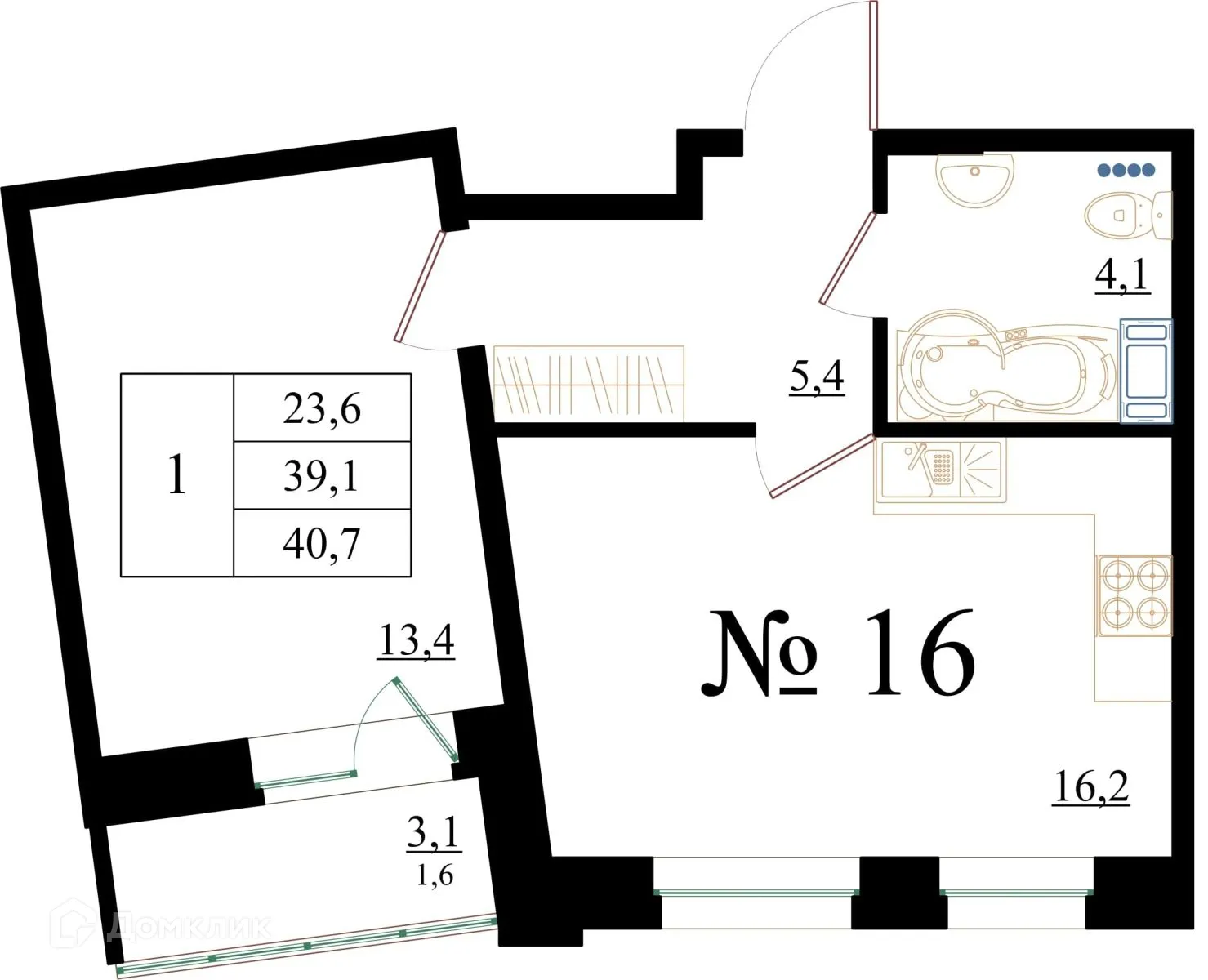 Планировка 1-комнатной квартиры 40.7 м² в ЖК Орловский бульвар, г. Гатчина — фото 1