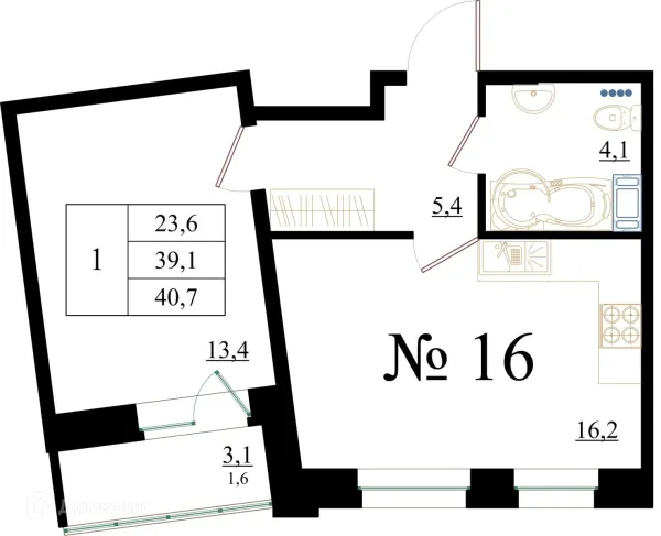 Планировка 1 комн. в ЖК Орловский бульвар