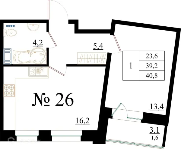 Планировка 1 комн. в ЖК Орловский бульвар