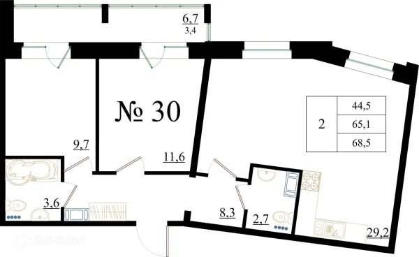 Планировка 2 комн. в ЖК Орловский бульвар
