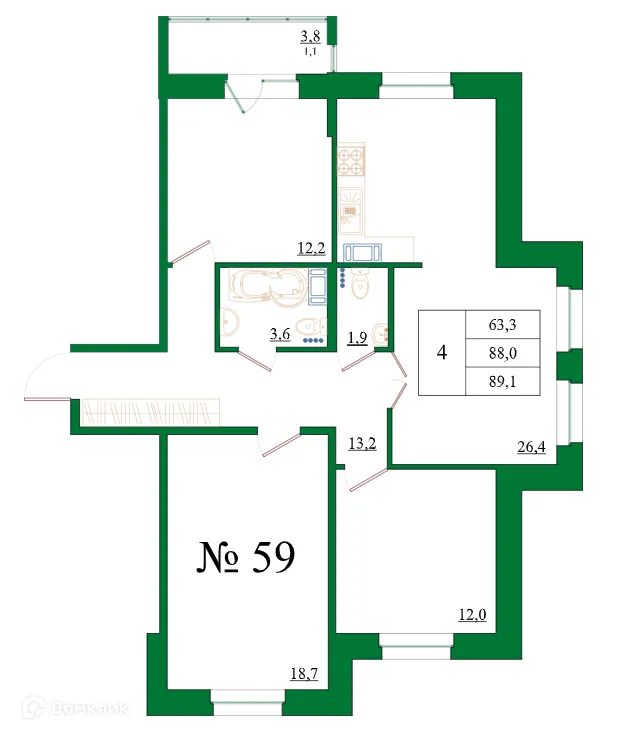Планировка 4-комнатной квартиры 89.1 м² в ЖК Орловский бульвар, г. Гатчина — фото 1