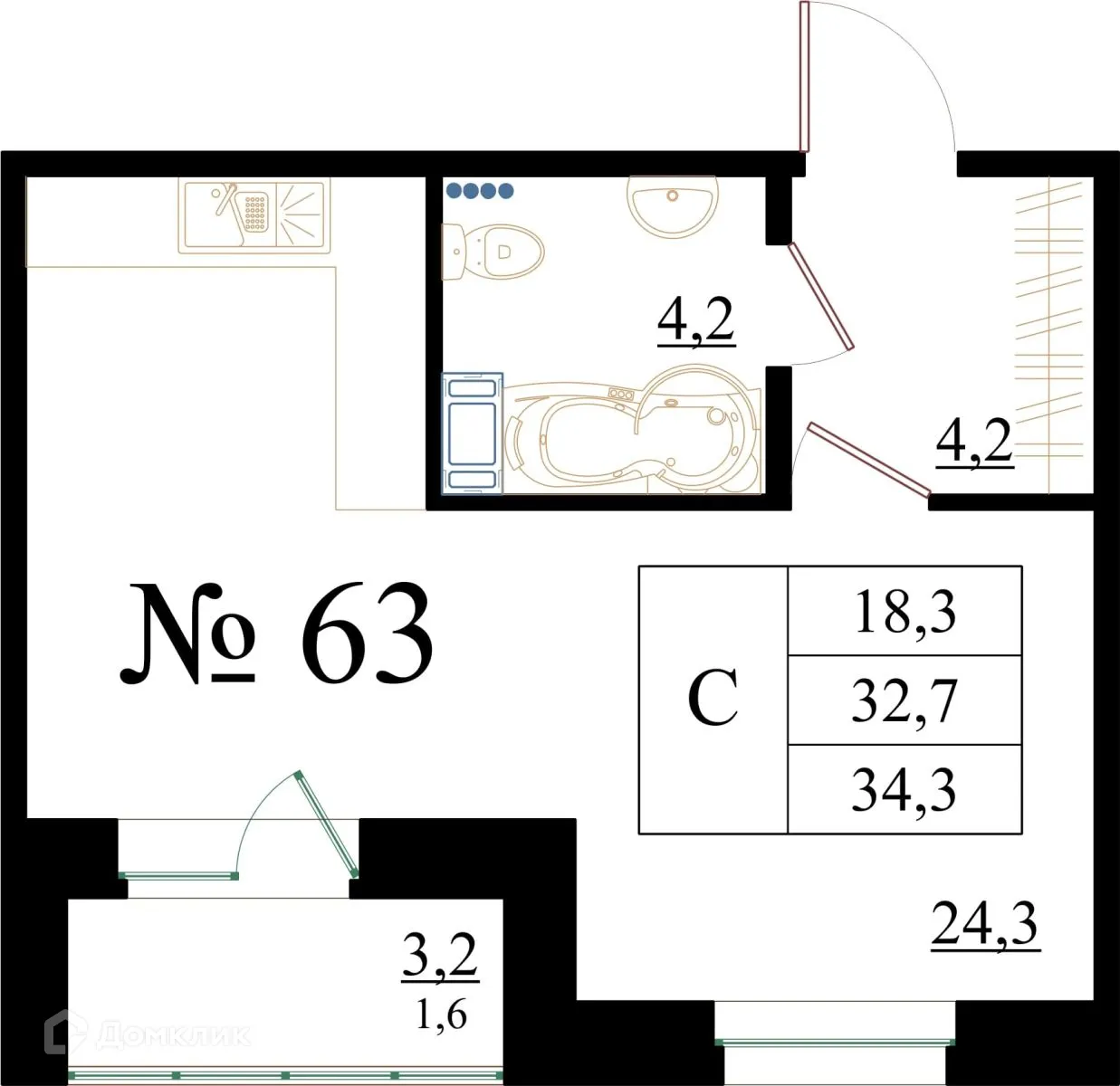 Планировка студии квартиры 34.3 м² в ЖК Орловский бульвар, г. Гатчина — фото 1