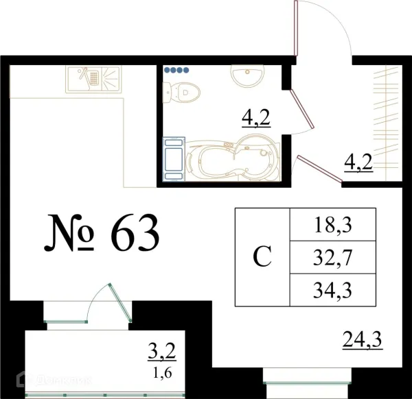Планировка Студия в ЖК Орловский бульвар