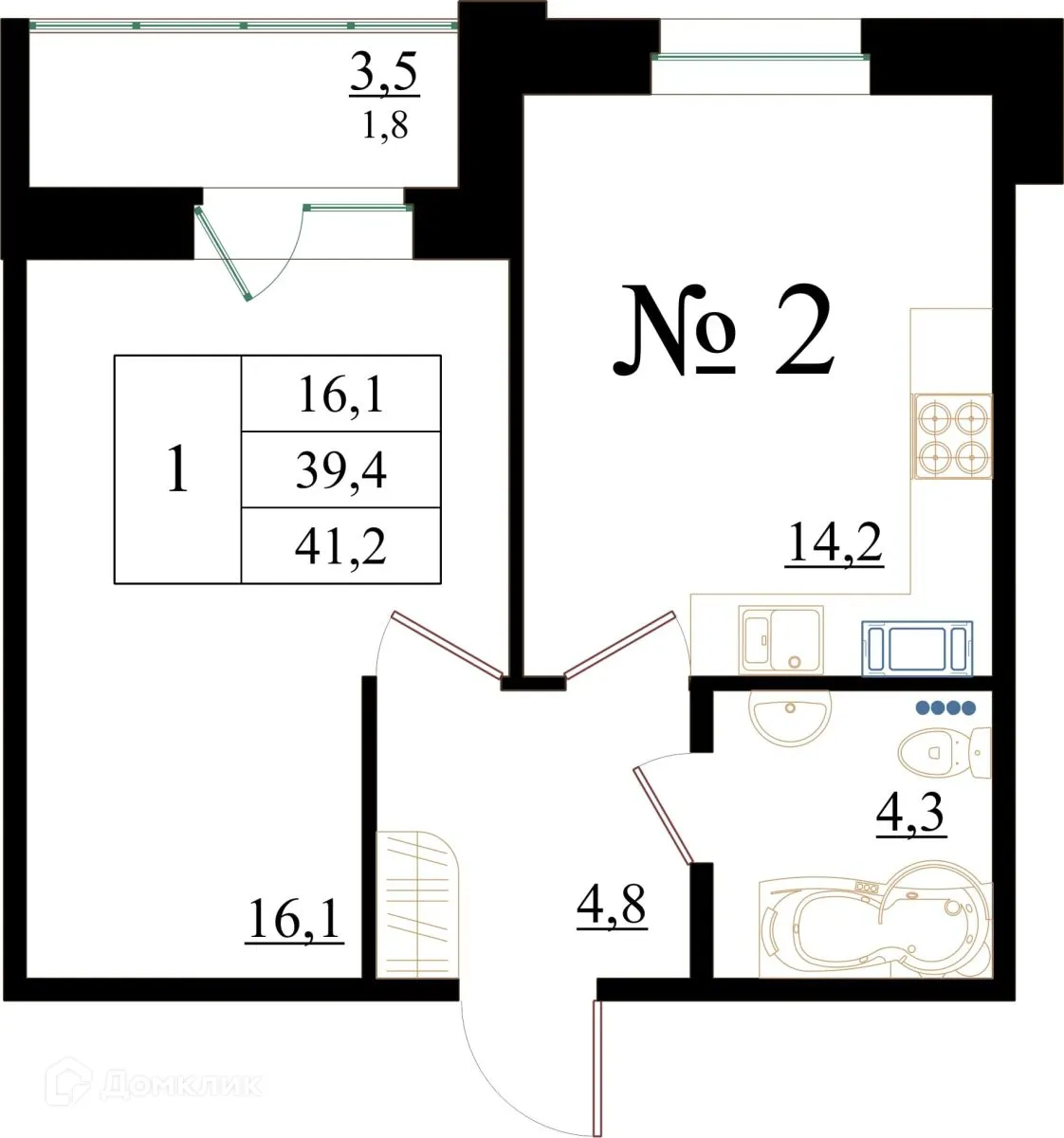 Планировка 1-комнатной квартиры 41.2 м² в ЖК Орловский бульвар, г. Гатчина — фото 1
