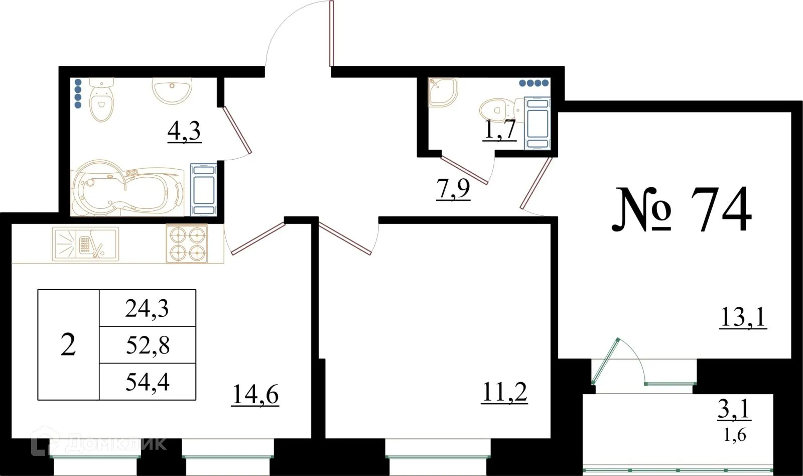 Планировка 2-комнатной квартиры 54.4 м² в ЖК Орловский бульвар, г. Гатчина — фото 1