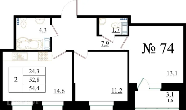Планировка 2 комн. в ЖК Орловский бульвар