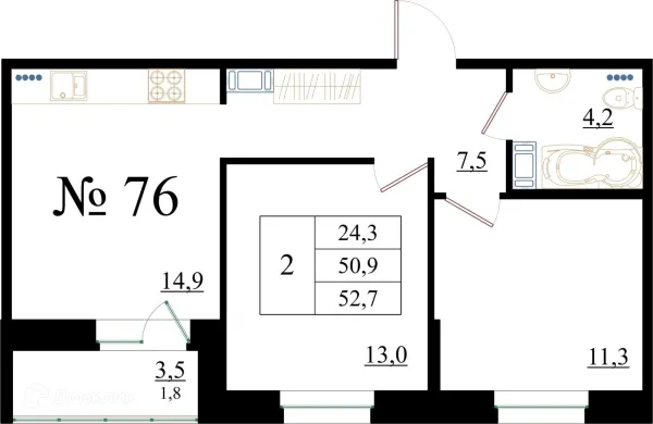 Планировка 2 комн. в ЖК Орловский бульвар