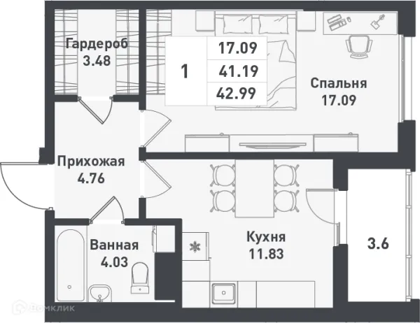 Планировка 1 комн. в ЖК Феникс