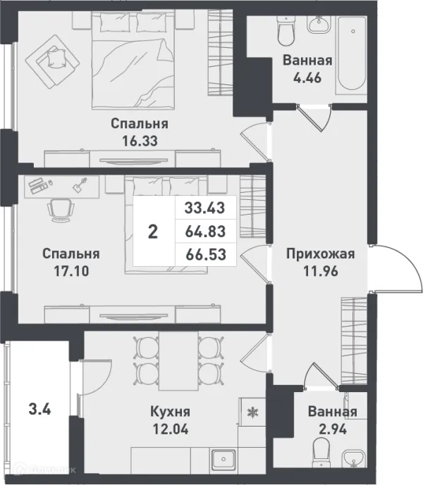 Планировка 2 комн. в ЖК Феникс