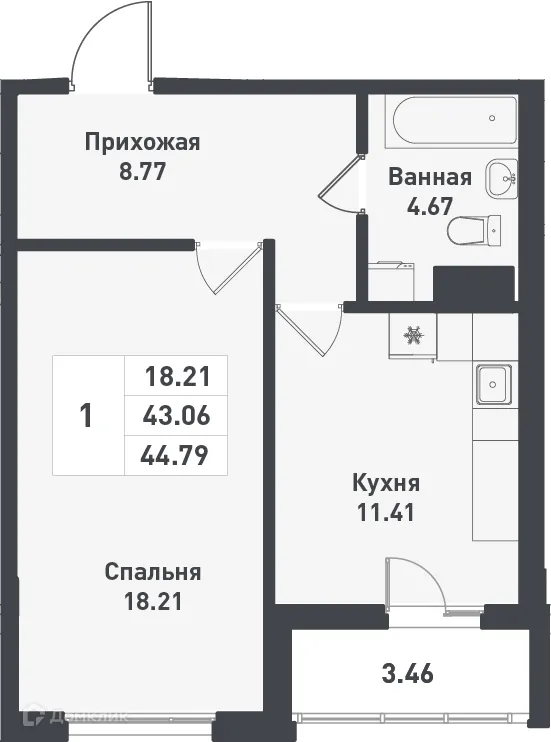 Планировка 1-комнатной квартиры 45.7 м² в ЖК Феникс, г. Гатчина — фото 1