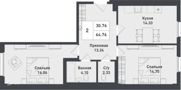 Планировка 2 комн. в ЖК Феникс