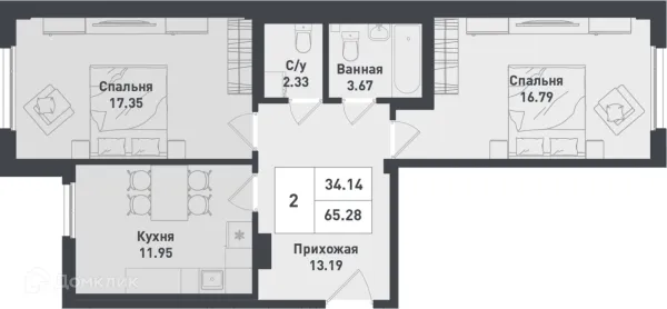 Планировка 2 комн. в ЖК Феникс