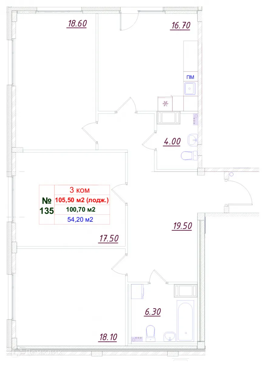 Планировка 3-комнатной квартиры 105.5 м² в ЖК Феникс, г. Гатчина — фото 1