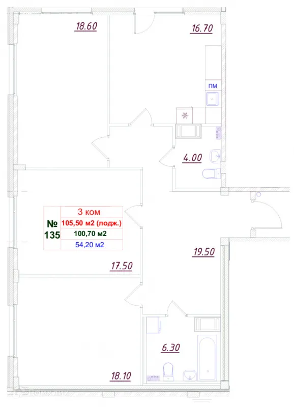 Планировка 3 комн. в ЖК Феникс