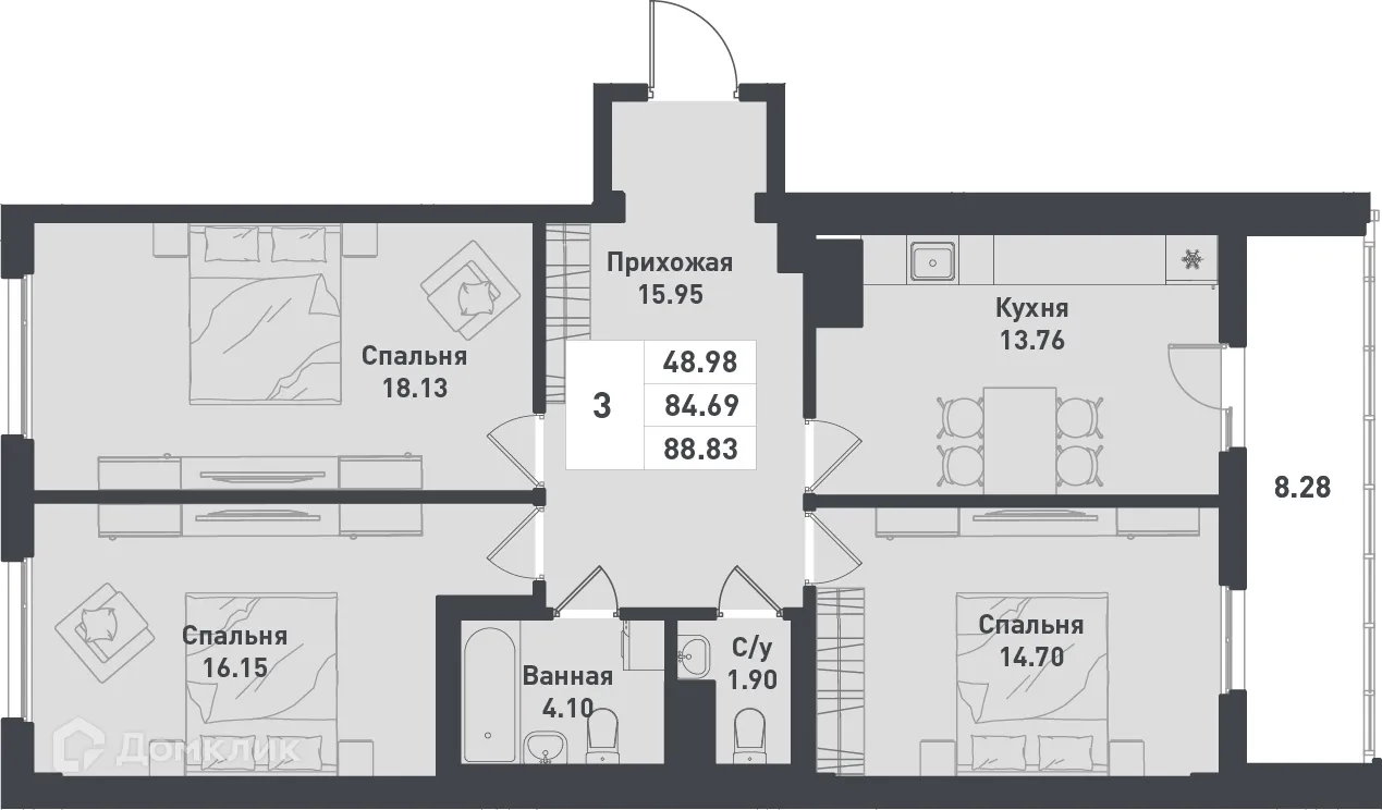 Планировка 3-комнатной квартиры 90 м² в ЖК Феникс, г. Гатчина — фото 1