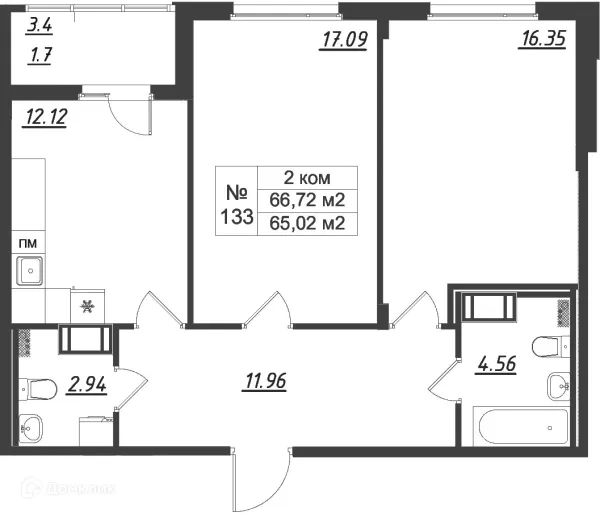 Планировка 2 комн. в ЖК Феникс
