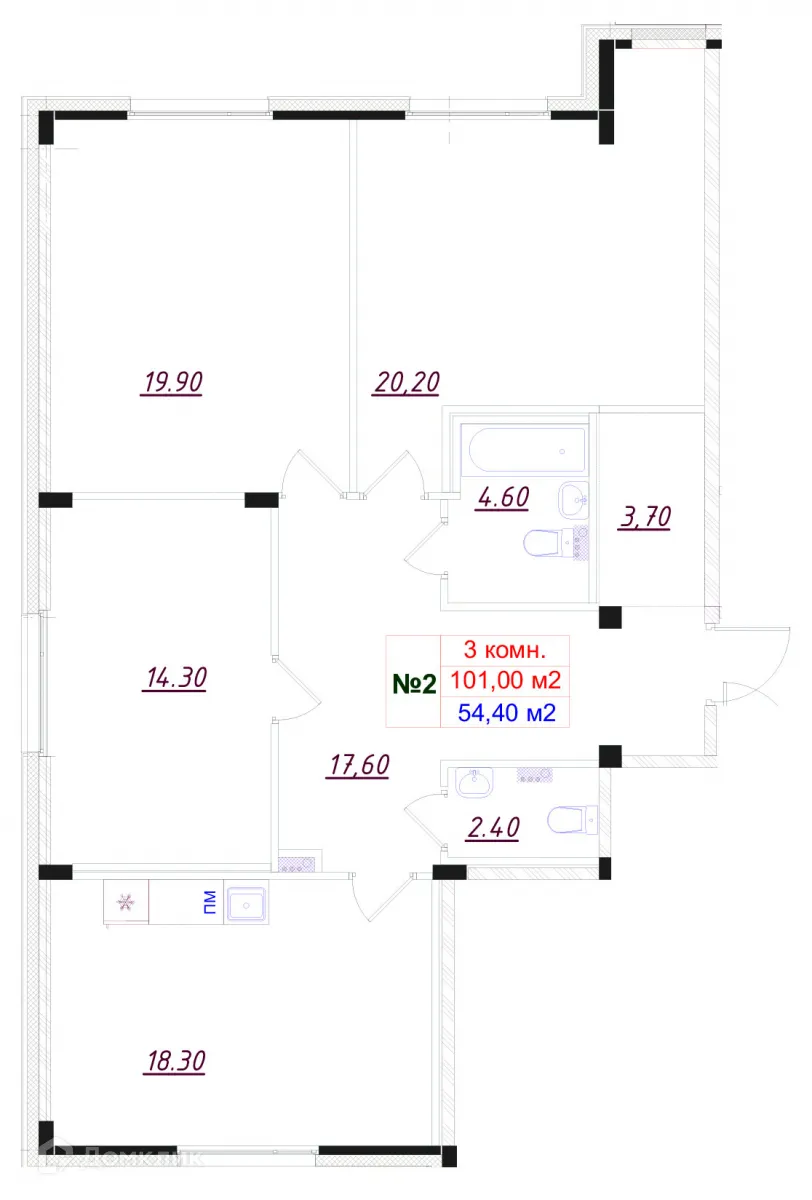 Планировка 3-комнатной квартиры 101 м² в ЖК Феникс, г. Гатчина — фото 1