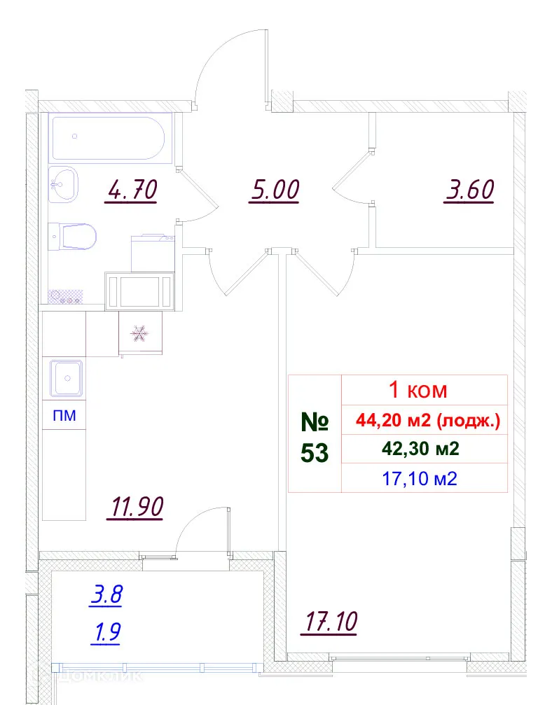 Планировка 1-комнатной квартиры 44.2 м² в ЖК Феникс, г. Гатчина — фото 1