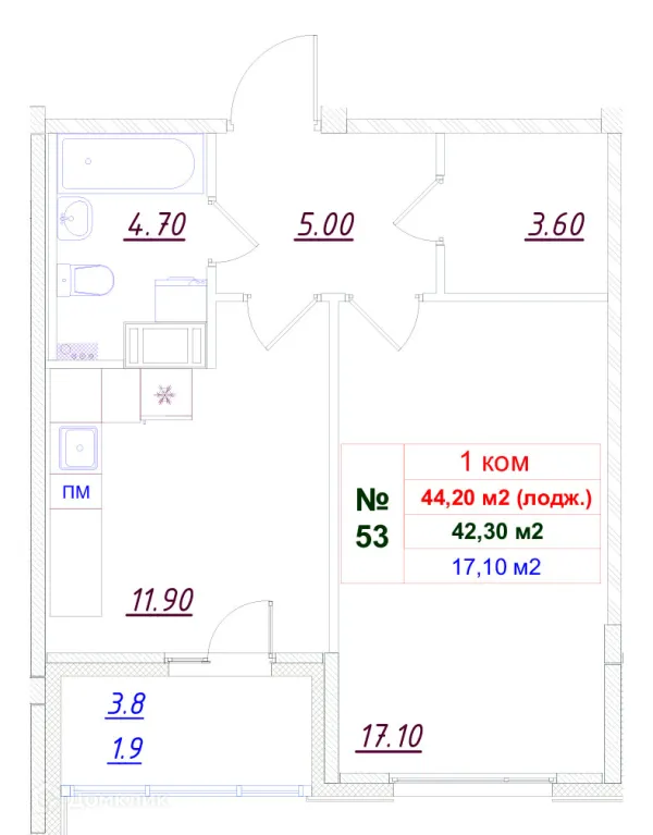Планировка 1 комн. в ЖК Феникс
