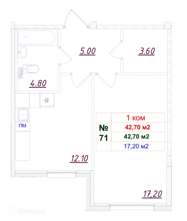 Планировка 1 комн. в ЖК Феникс