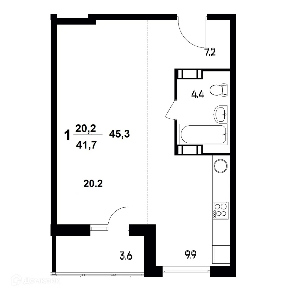 Планировка 1-комнатной квартиры 45.3 м² в ЖК "Атмосфера", г. Волжский — фото 1