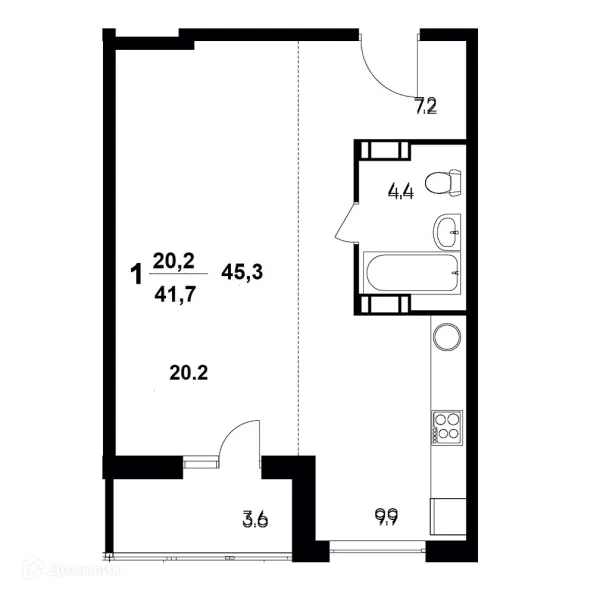 Планировка 1 комн. в ЖК "Атмосфера"