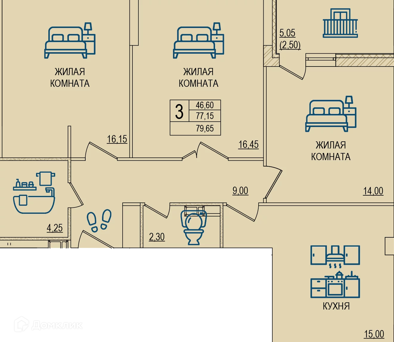 Планировка 3 комн. в ЖК Горизонт