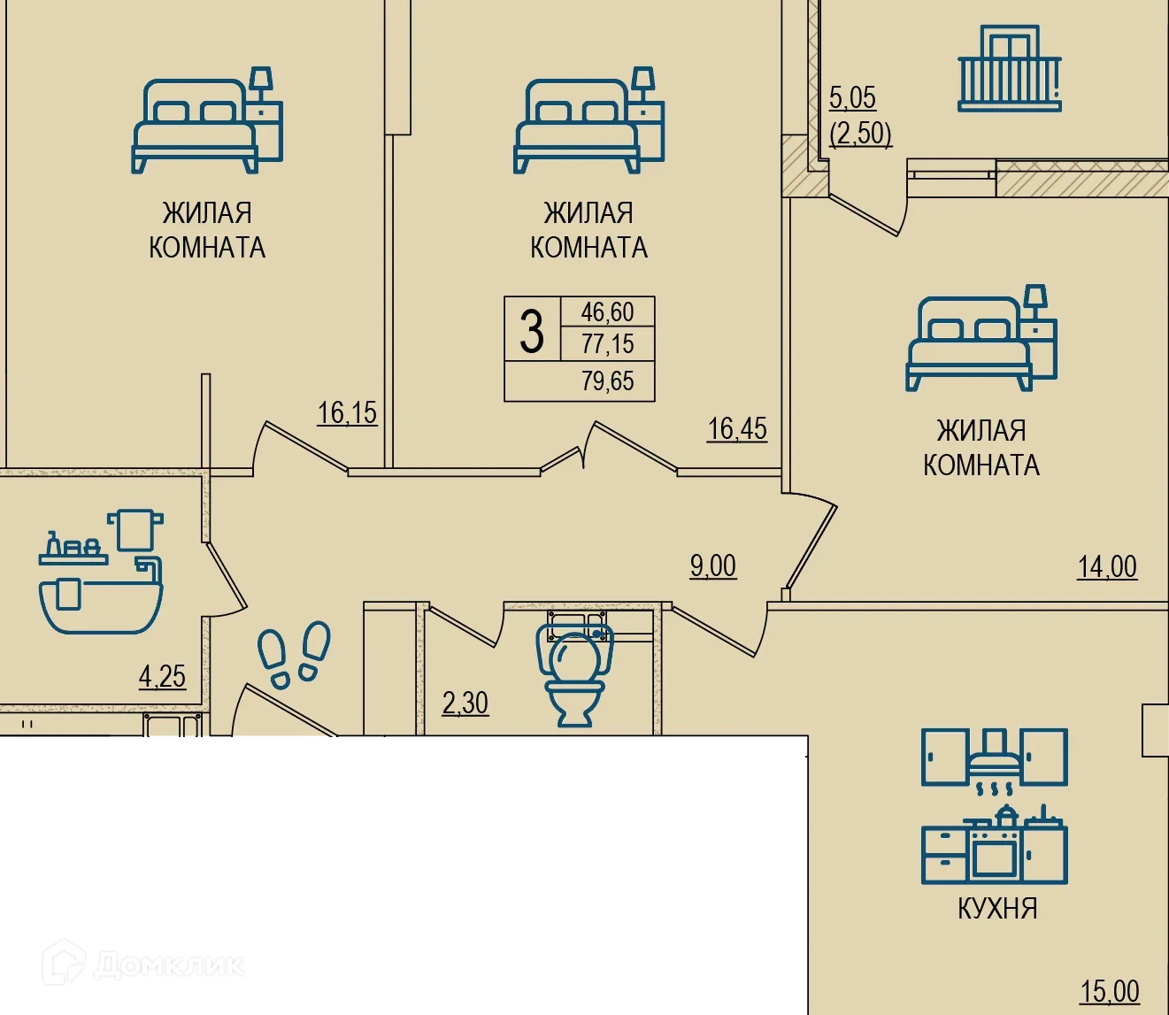 Планировка 3-комнатной квартиры 77.15 м² в ЖК Горизонт, г. Волжский — фото 1