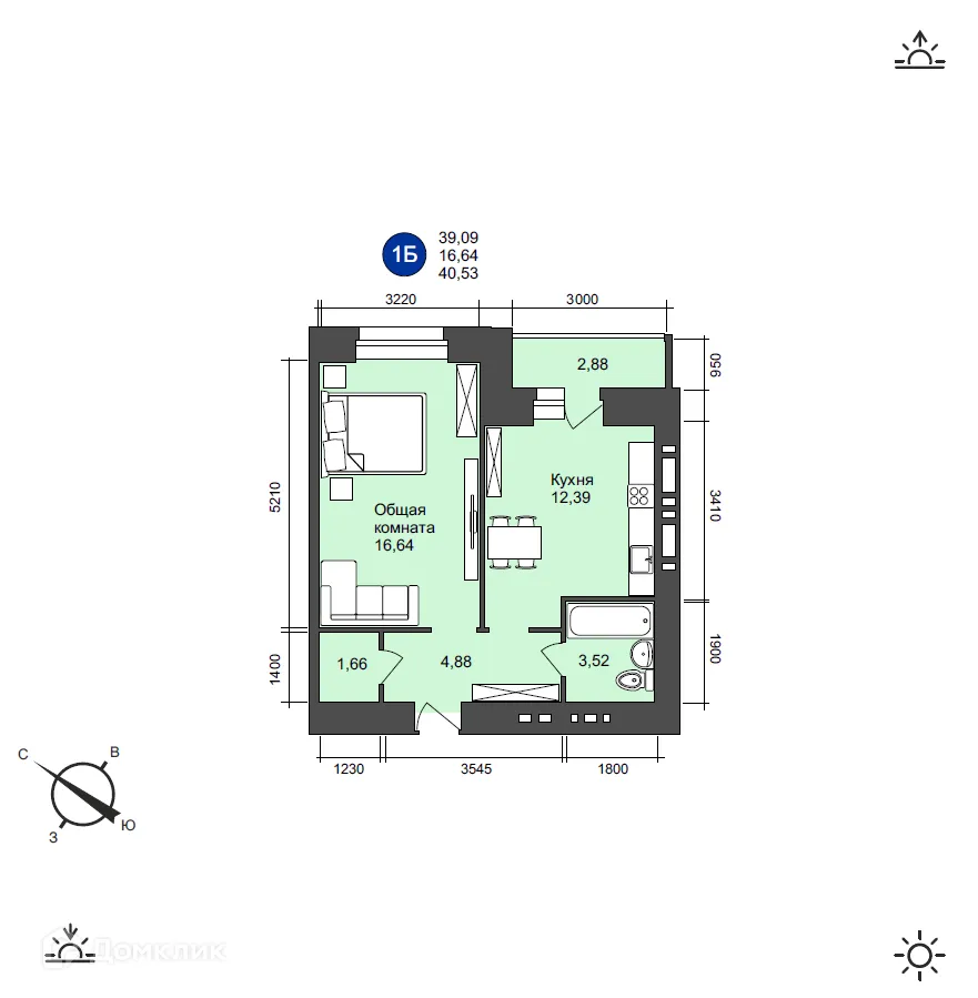 Планировка 1-комнатной квартиры 40.45 м² в ЖК  "Солнечный", г. Волжский — фото 1