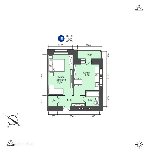 Планировка 1 комн. в ЖК  "Солнечный"