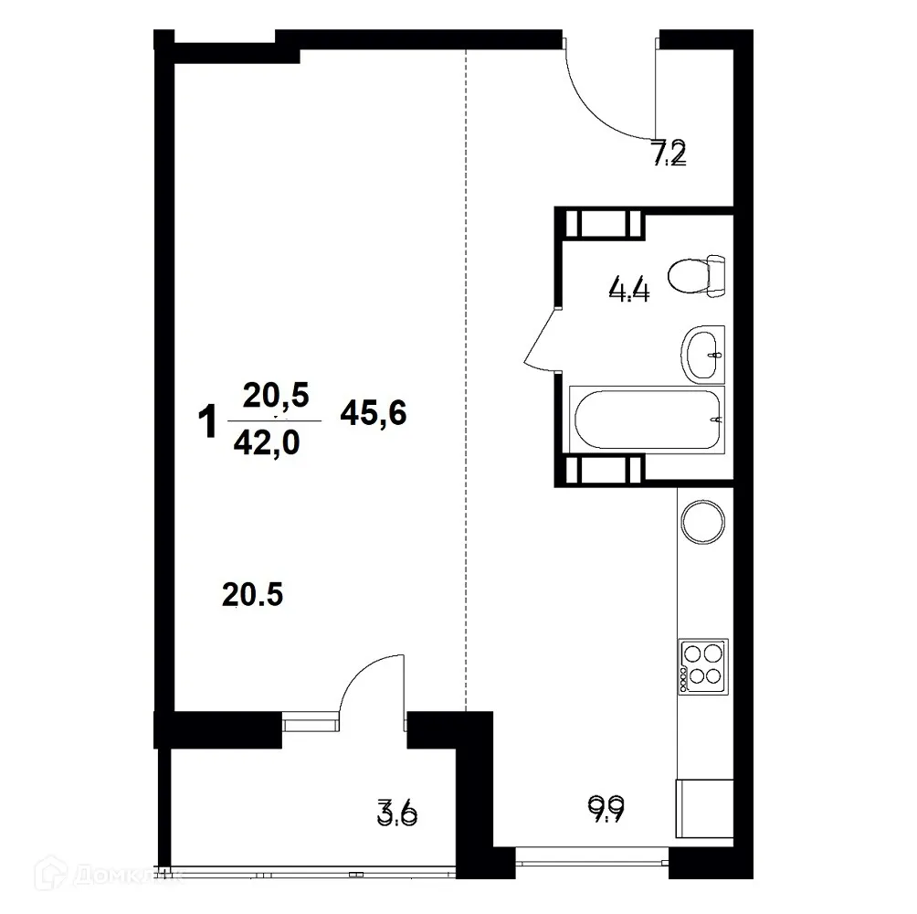 Планировка 1-комнатной квартиры 45.6 м² в ЖК "Атмосфера", г. Волжский — фото 1