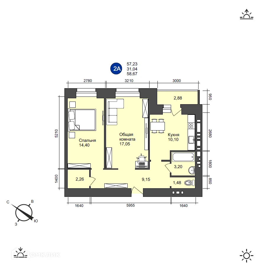 Планировка 2-комнатной квартиры 58.67 м² в ЖК  "Солнечный", г. Волжский — фото 1