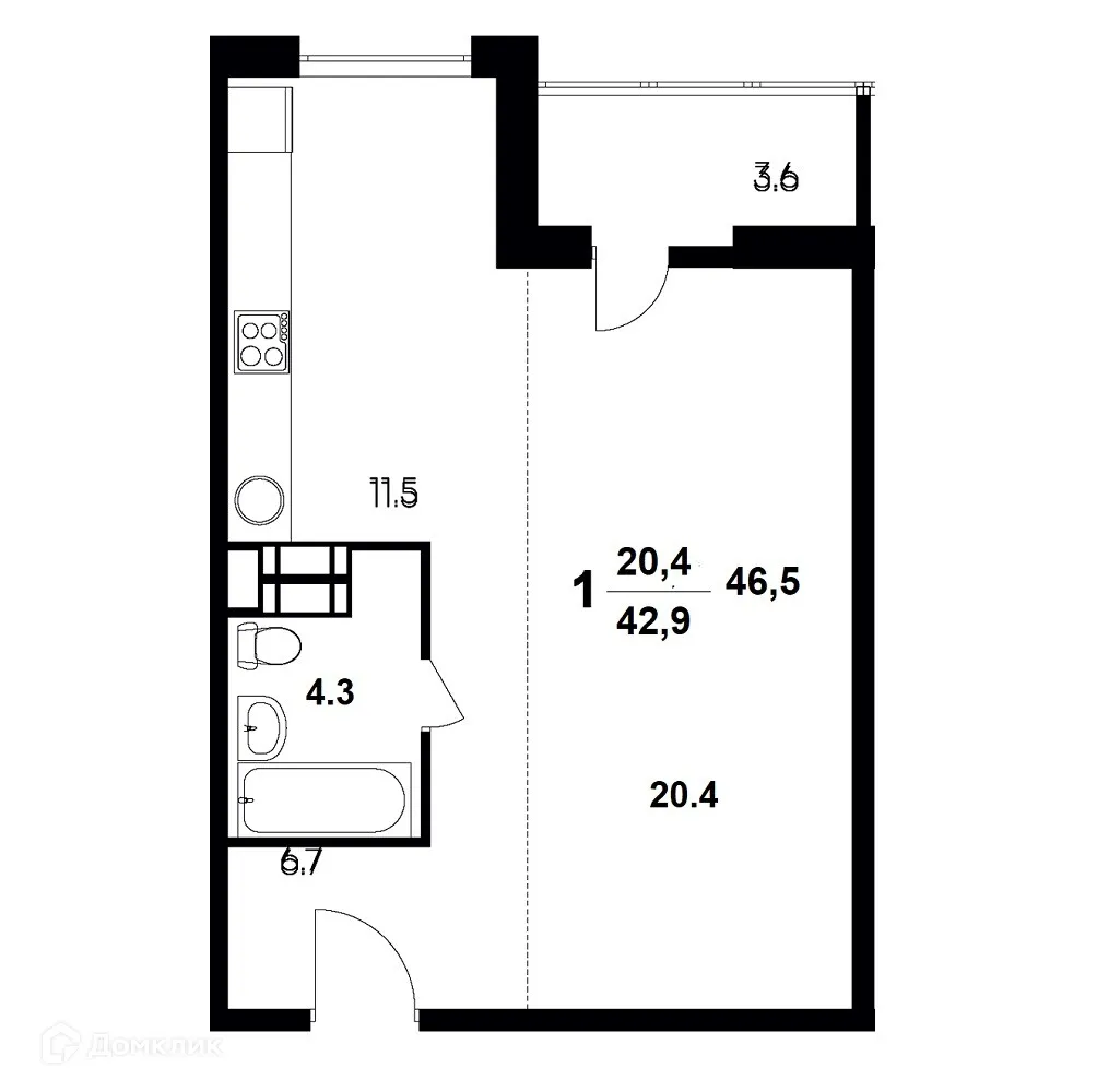 Планировка 1-комнатной квартиры 46.5 м² в ЖК "Атмосфера", г. Волжский — фото 1