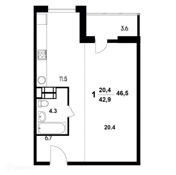 Планировка 1 комн. в ЖК "Атмосфера"