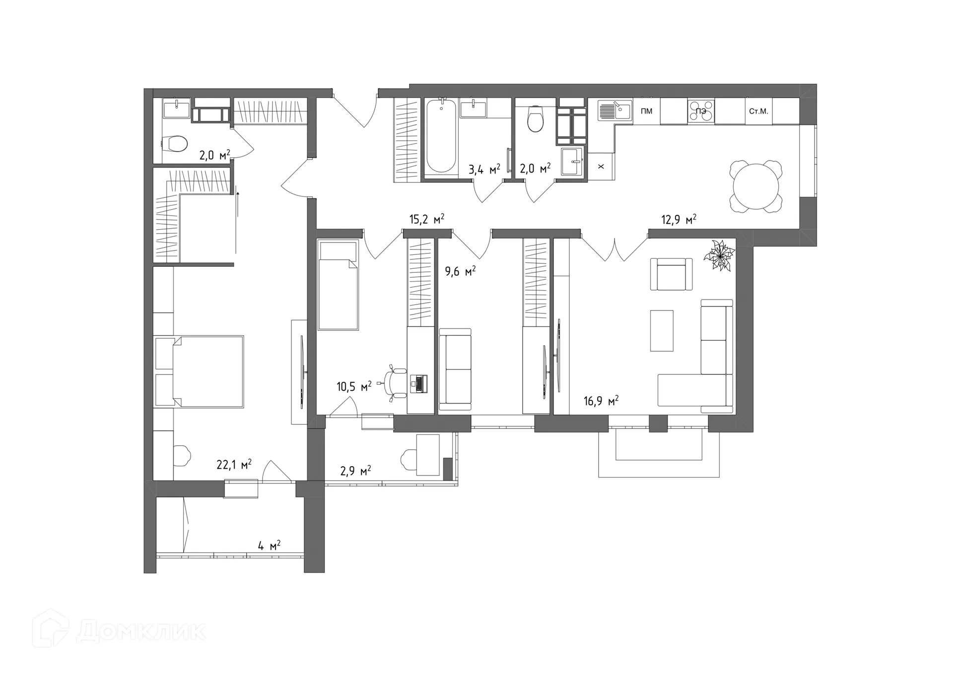 Планировка 4-комнатной квартиры 101.7 м² в ЖК "Атмосфера", г. Волжский — фото 1