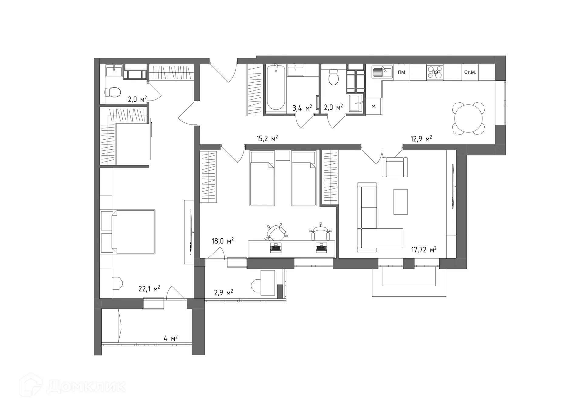 Планировка 4-комнатной квартиры 101.7 м² в ЖК "Атмосфера", г. Волжский — фото 2