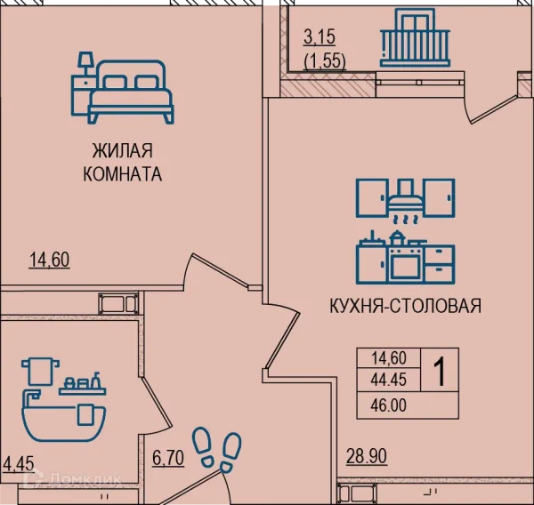 Планировка 1 комн. в ЖК Горизонт