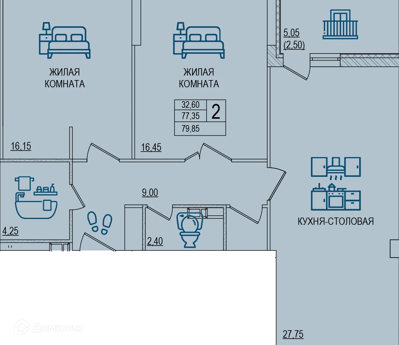 Планировка 2-комнатной квартиры 67.95 м² в ЖК Горизонт, г. Волжский — фото 1