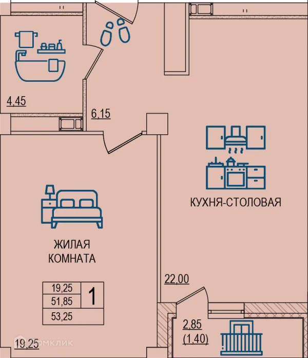 Планировка 1 комн. в ЖК Горизонт