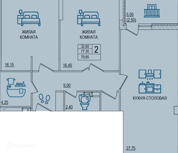 Планировка 2 комн. в ЖК Горизонт