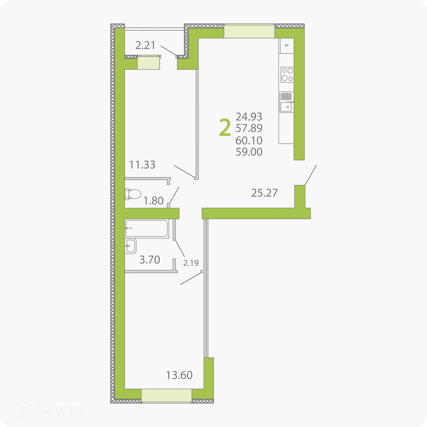 Планировка 2-комнатной квартиры 59 м² в ЖК Славяноград, г. Семилуки — фото 1