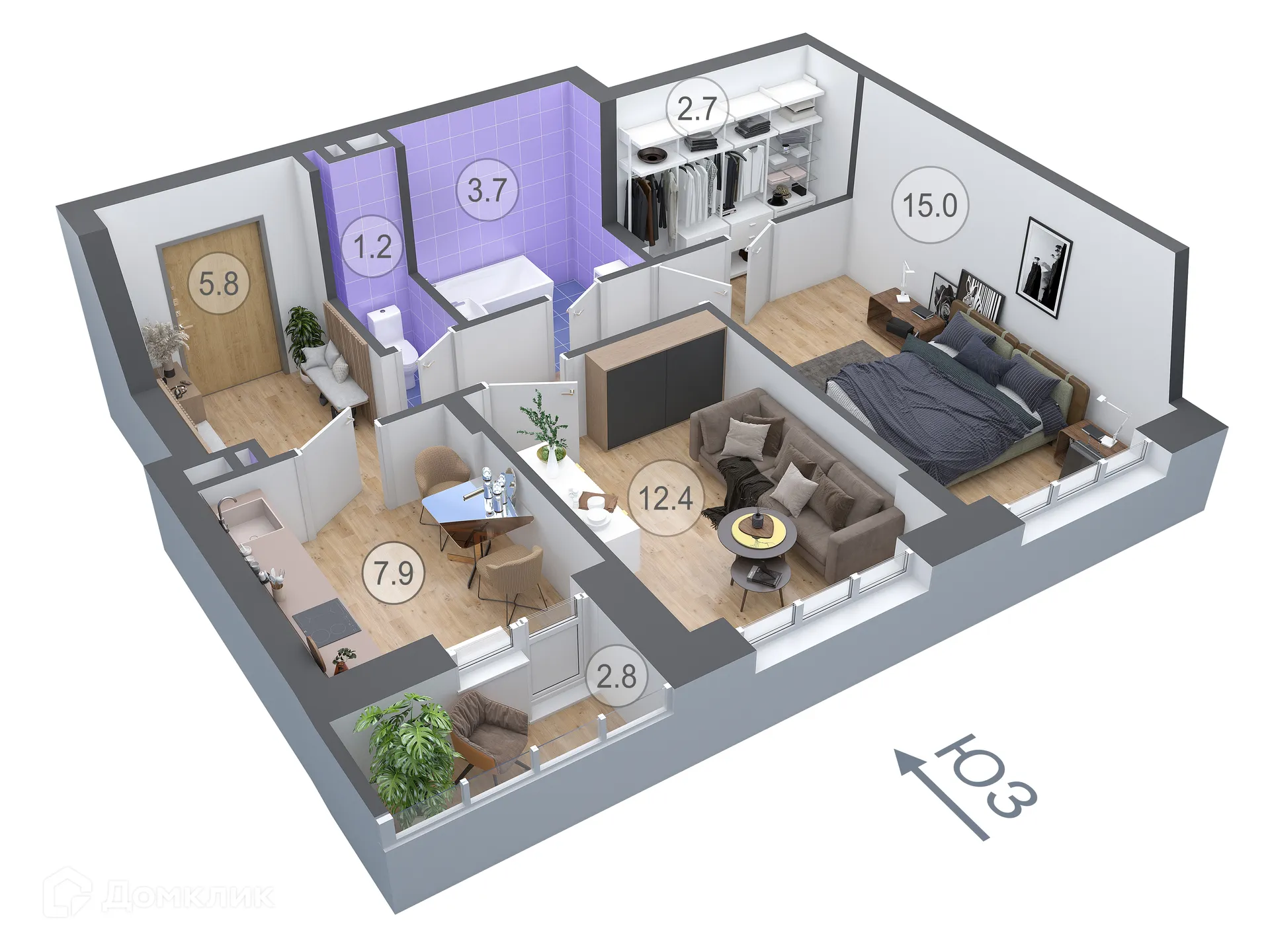 Планировка 2-комнатной квартиры 53.5 м² в ЖК ДОНСКОЕ, г. Семилуки — фото 1