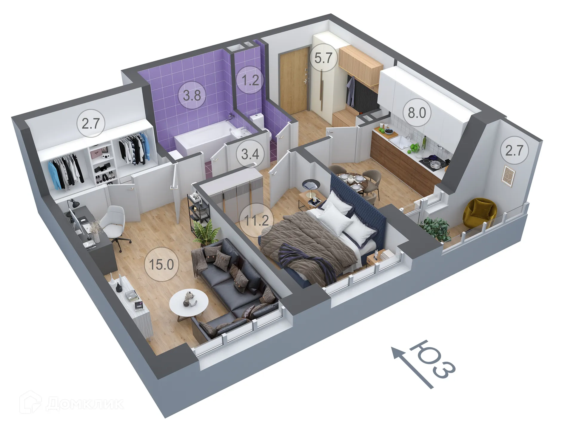 Планировка 2-комнатной квартиры 52.4 м² в ЖК ДОНСКОЕ, г. Семилуки — фото 1