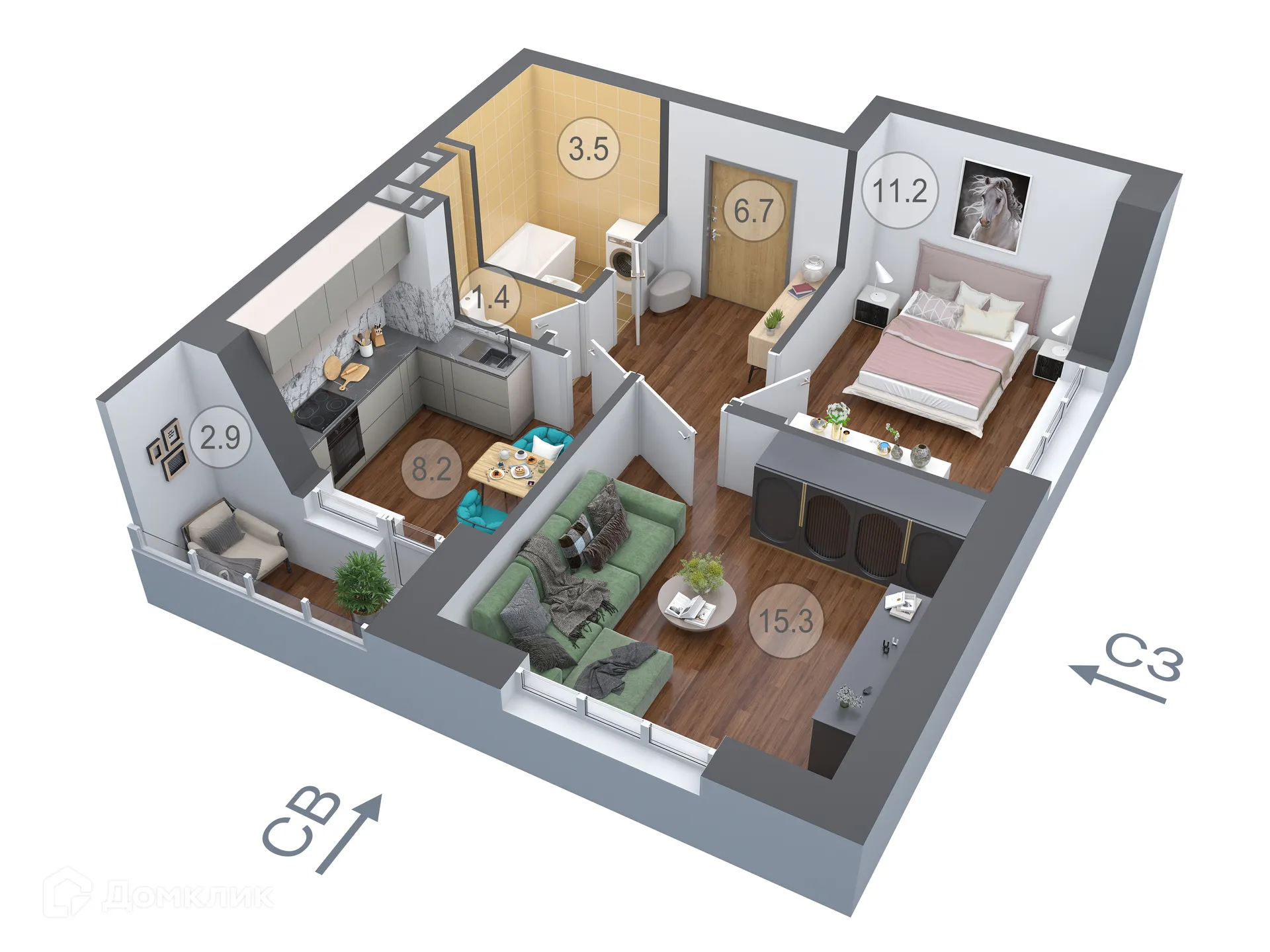 Планировка 2-комнатной квартиры 47.8 м² в ЖК ДОНСКОЕ, г. Семилуки — фото 1
