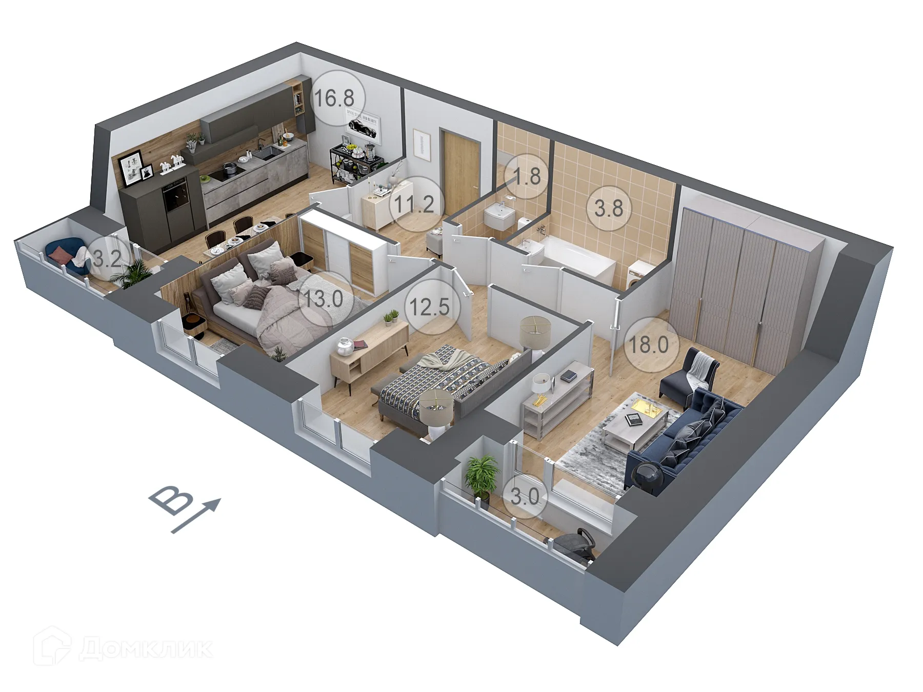 Планировка 3-комнатной квартиры 80.2 м² в ЖК ДОНСКОЕ, г. Семилуки — фото 1