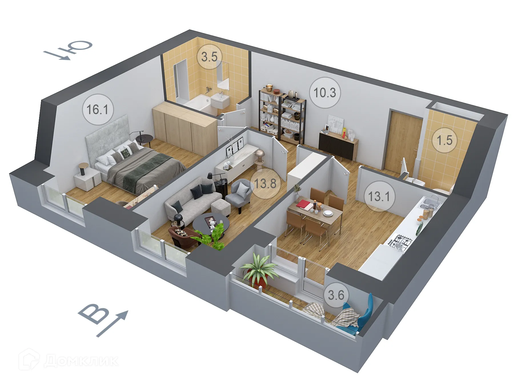Планировка 2-комнатной квартиры 60.1 м² в ЖК ДОНСКОЕ, г. Семилуки — фото 1