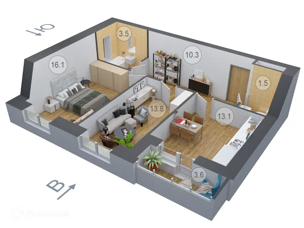 Планировка 2 комн. в ЖК ДОНСКОЕ